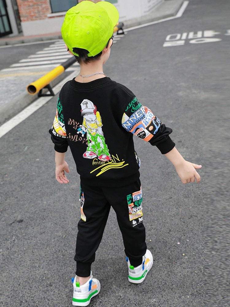Boys Spring Clothes Suit Printed Sweater Two-piece Set