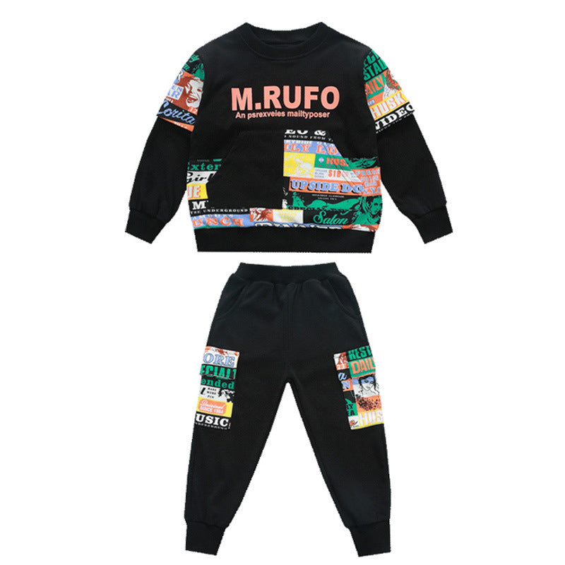 Boys Spring Clothes Suit Printed Sweater Two-piece Set